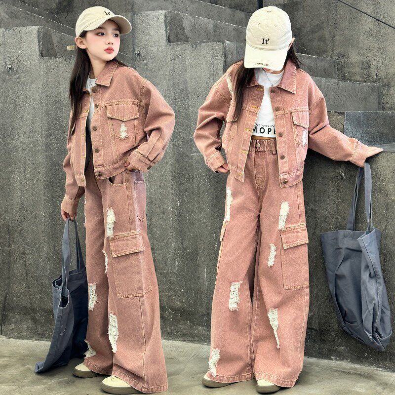 女大童牛仔套装2024秋季新款儿童洋气韩版破洞直筒长裤两件套秋装