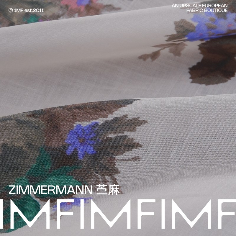 ZIM新款新花 高支高密细苎麻面料米黄色底部紫调印花布 宽135CM