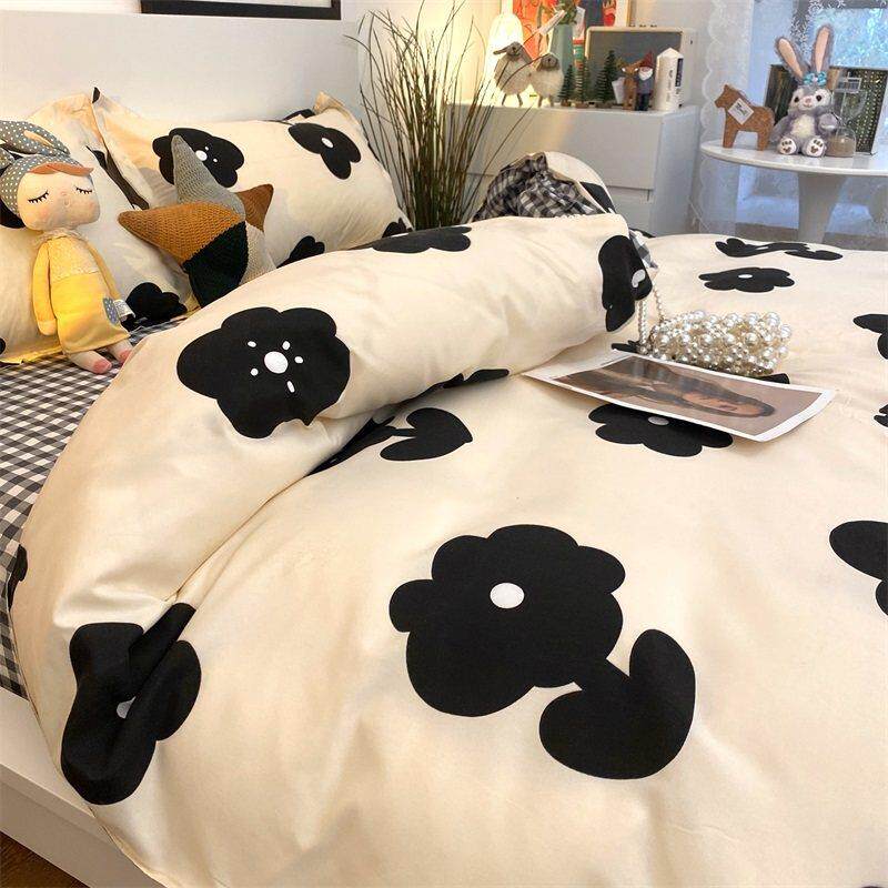 黑白小碎花赫本风简约床上用品四件套ins韩式床单被套单人三件式