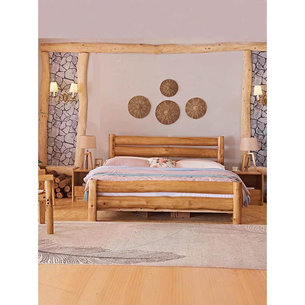 柏木床原木床现代中国风全实木双人床原生态田园主卧室酒店民宿家