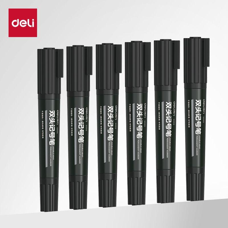 deli/得力S555双头记号笔黑色油性双头双头记号笔防水防油不掉色