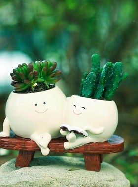 创意肉W582花盆树脂装饰款摆件家庭院母女居看书多多肉花盆工艺品