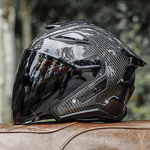 gsb头盔男摩托车半盔女双镜片四分之三复古碳纤维头盔女夏季通风