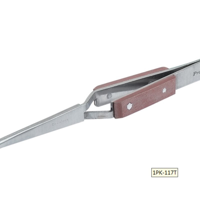 台湾宝工 1PK-117T 木柄 不锈钢弯尖 反弹镊子 反向镊子 (164mm)