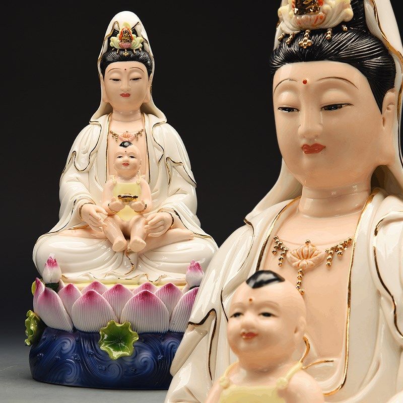 天逸恒佑陶瓷送子观音佛像描金送子摆件水莲送子玄关家居工艺品装