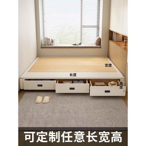抽无床头尾压高箱床储物小户型现代简约双气人床实817木箱体榻榻