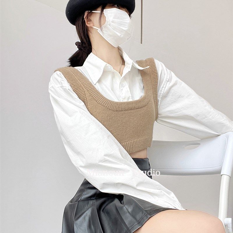 美式jk学院风气质短款毛衣女2024年秋L季新款马甲衬衫假两件套女