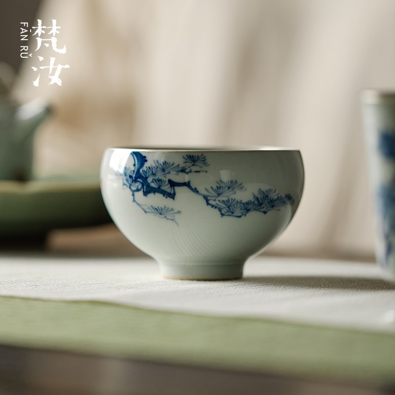 梵汝 釉下彩青花银边陶瓷u茶杯主人杯个人专用喝茶杯子茶具品茗杯