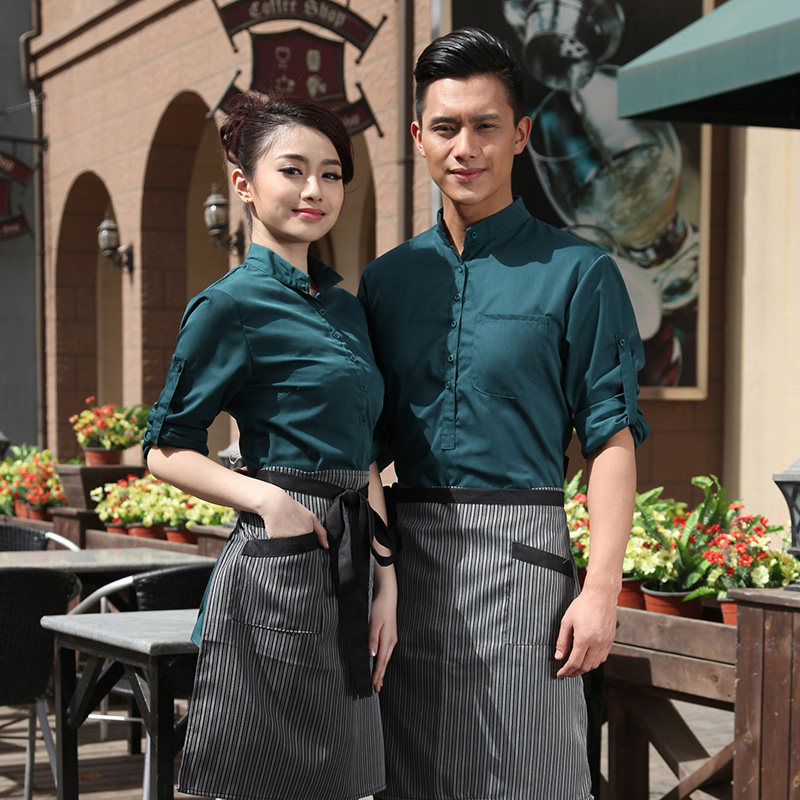 服务员酒店衬衫工作服秋冬长袖咖啡西餐G厅制服男女七分袖印字log