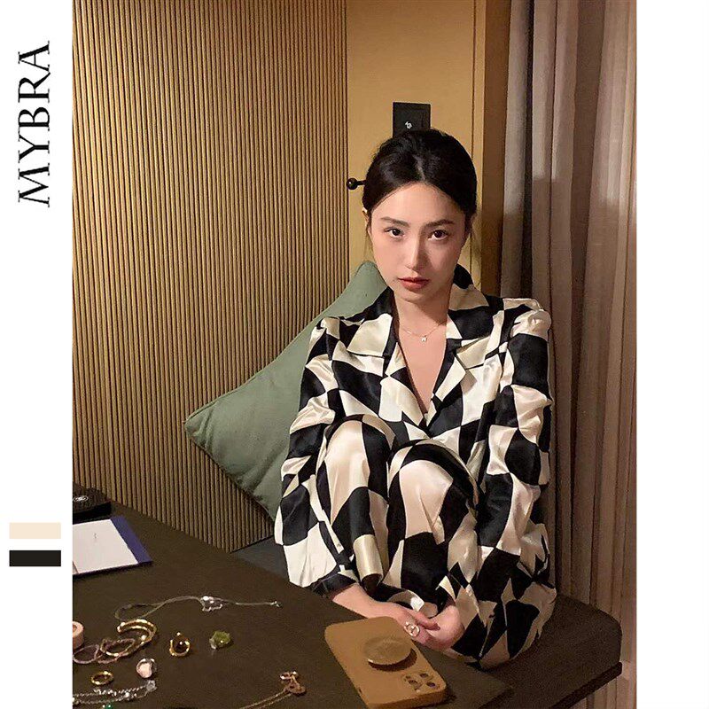 【免费刺绣定制】NT棋盘格缎面情侣家居服长裤R长袖套装可外穿送