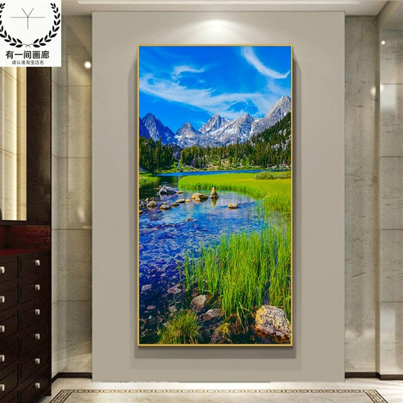 高清玄关画青山绿水蓝天装饰画进门墙风景L挂画背有靠山竖版走廊