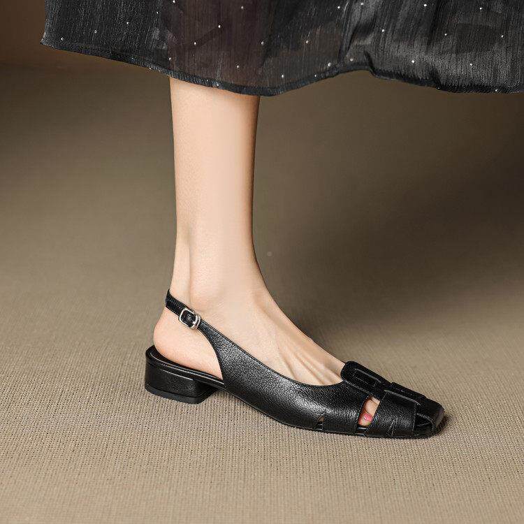 甜风一字带头低跟平底方罗马鞋镂女夏季空编5615055织凉鞋米白色