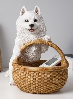 萨摩耶收纳篮子摆件客厅玄关可爱狗狗家居装饰卧室个性树脂摆设