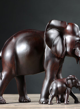 黑檀实木雕刻母子象摆件木头仿古小象吉祥大象家居酒柜红木工艺品