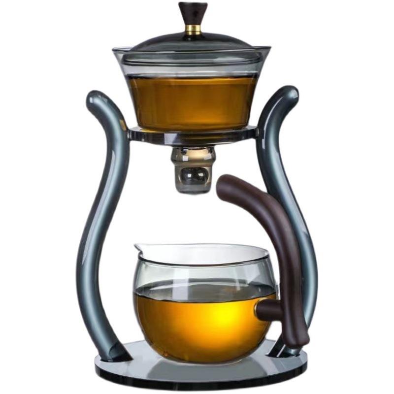 灯宫黑透玻璃茶具套装中式客厅自动冲茶器铁艺竹木底座泡茶器套装