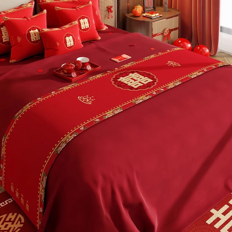 红色喜庆床旗结婚婚房床尾搭巾新婚床上用品喜字桌旗茶几茶台桌布
