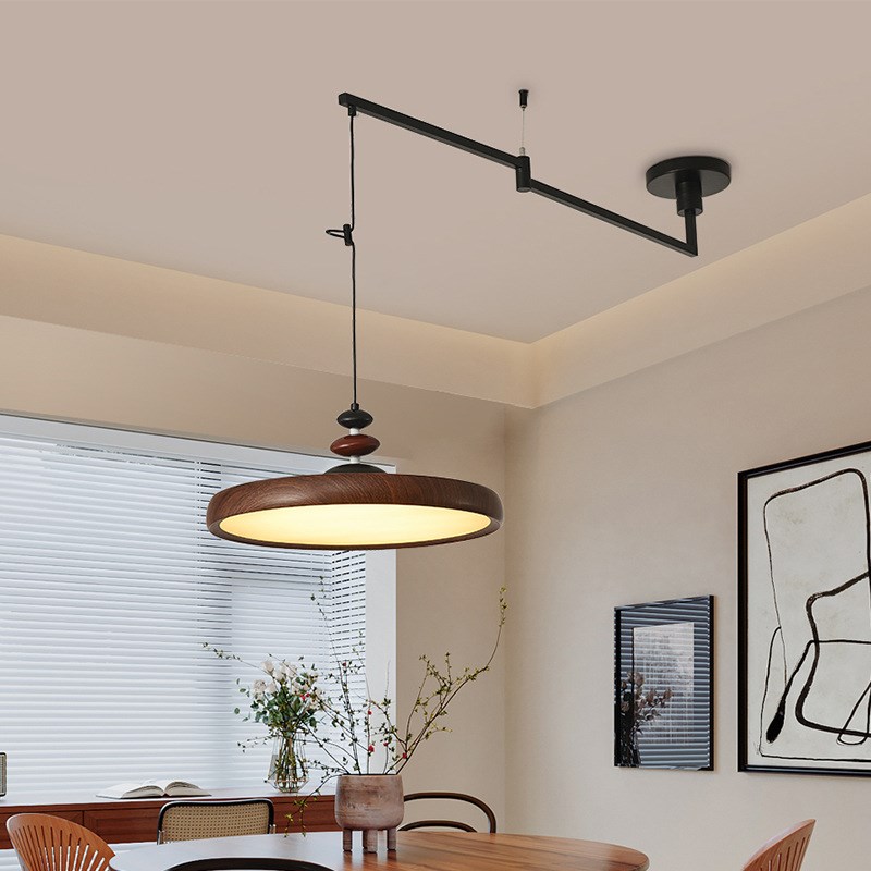 可移位移动摇臂餐厅吊灯法式中古风复古木纹色护眼个性飞碟餐桌灯