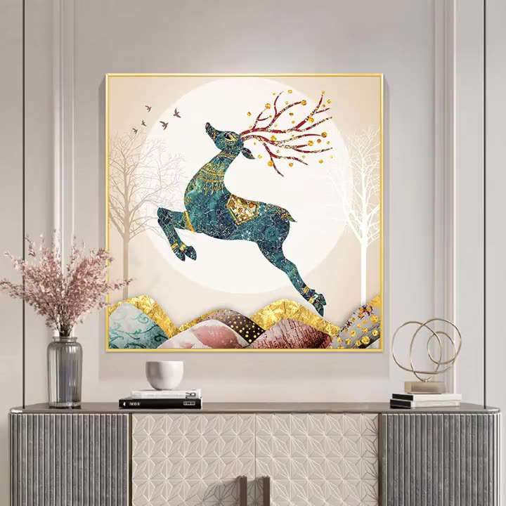 现代轻奢鹿玄幻餐桌饭厅客厅装饰画正方形挂画餐厅玄关画INS风图片