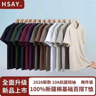 两件装HSAYOA  10A抑菌重磅长绒棉t恤纯棉短袖圆领打底衫男女百搭
