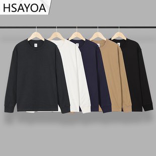 HSAYOA320重磅水洗新疆纯棉纯色宽松情侣长袖T恤男士卫衣百搭春秋