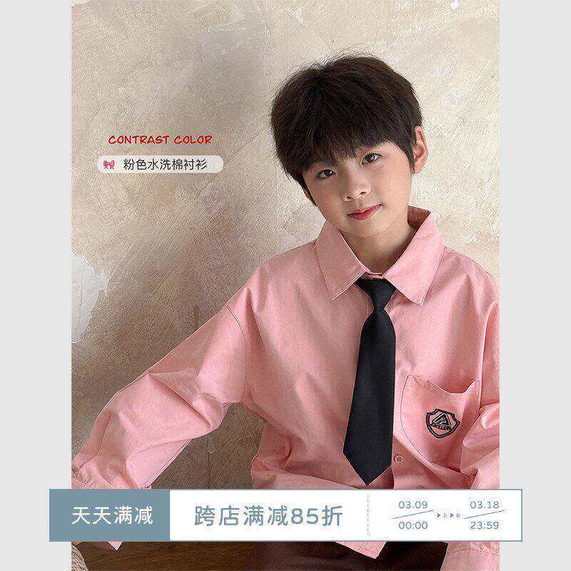 酱麻麻男童衬衫袖春秋长虾装新款男学院风y5MYLkRs粉孩色儿童衬衣