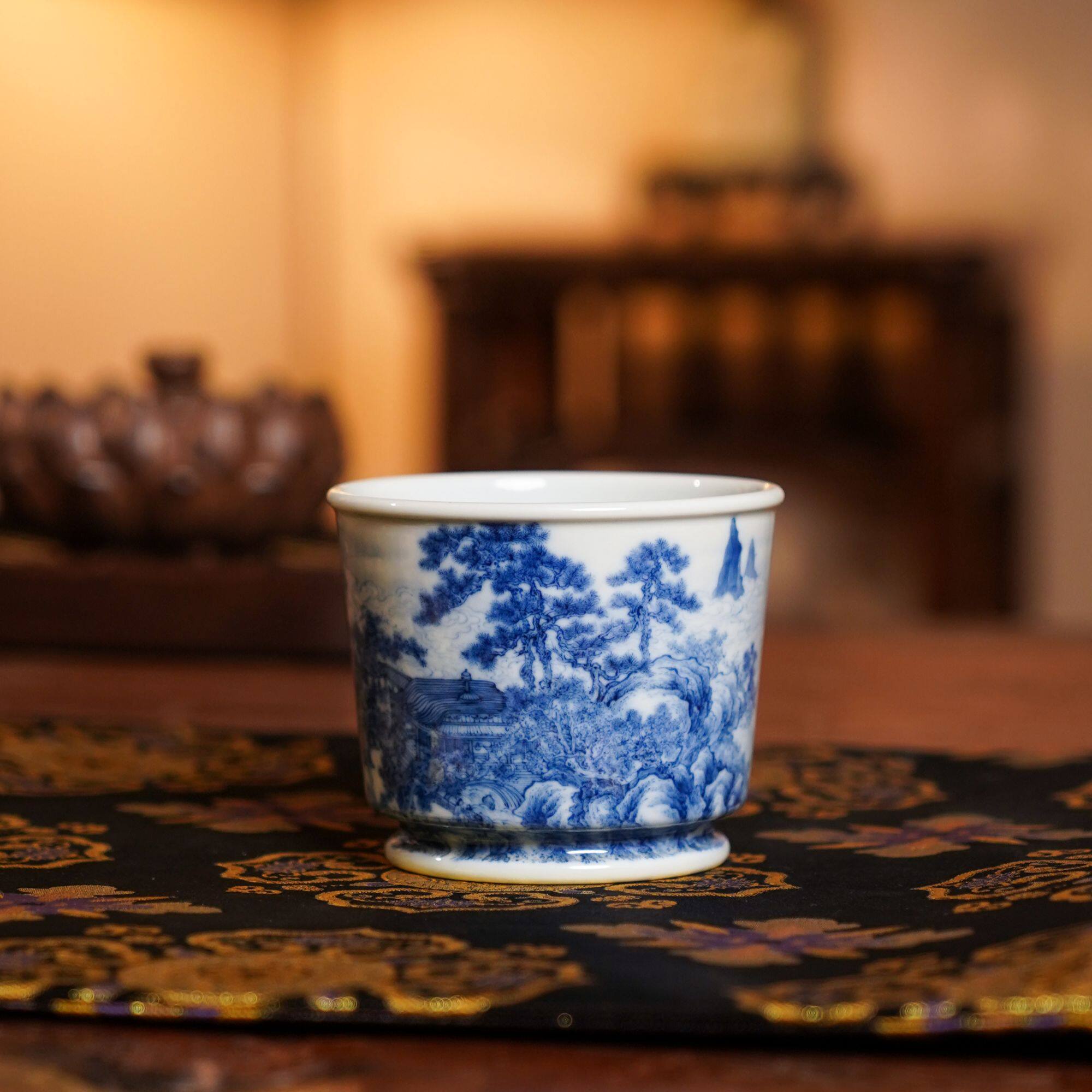 正德御窑刘建锋窑家用仙山楼阁图直口杯喝茶陶瓷喝茶品茗茶杯茶具
