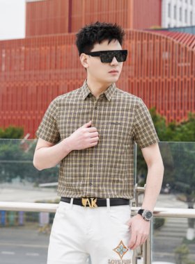 夏季复古绿格纹男士短袖衬衫字母刺绣速干衬衫字母衬衫肌理感衬衫