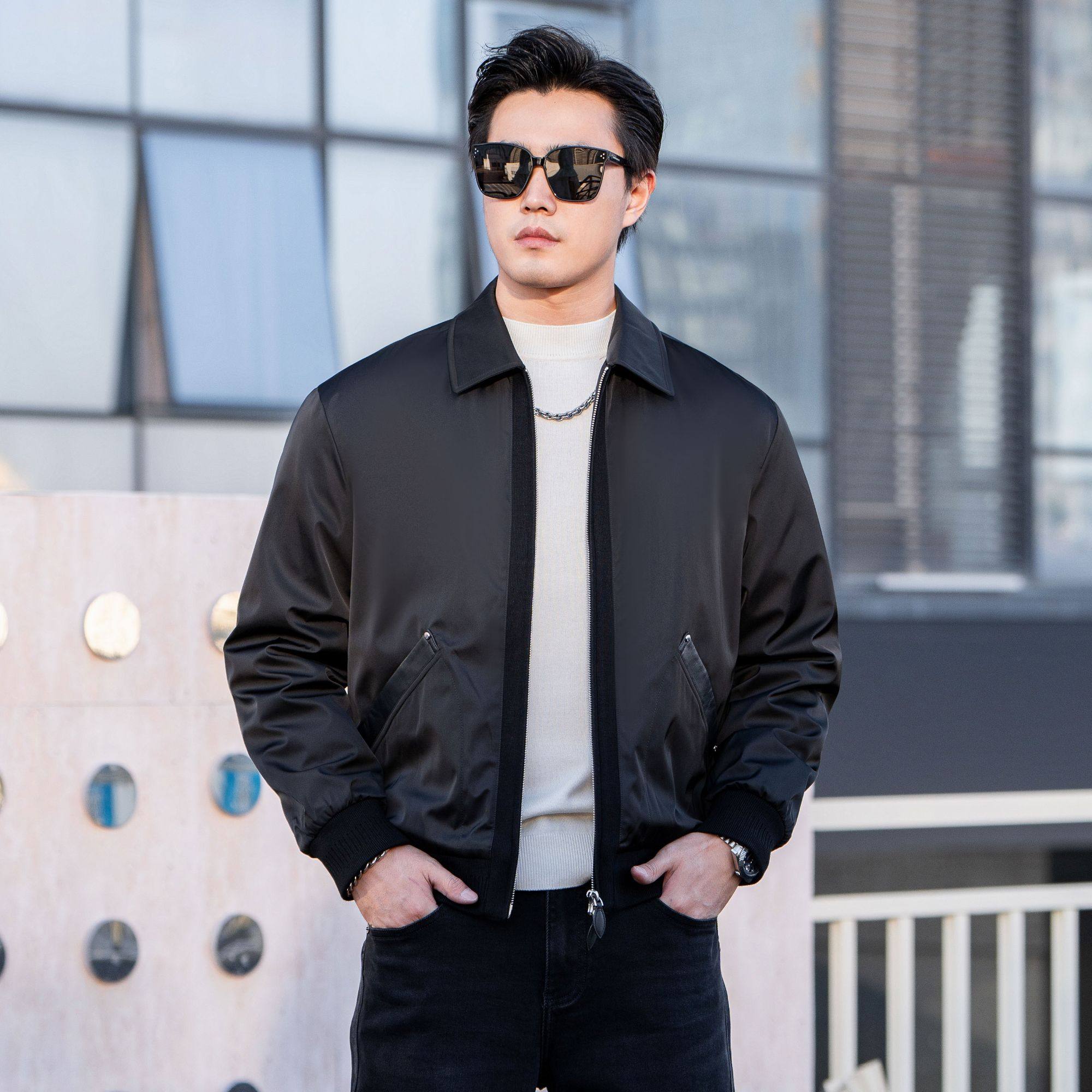 羽绒棒球服黑色翻领羽绒服男短款商务简约轻薄高级感外套90白鸭绒