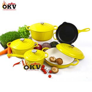 珐琅锅五件套 铸铁搪瓷锅炊具套装 Cast iron enamel pot set