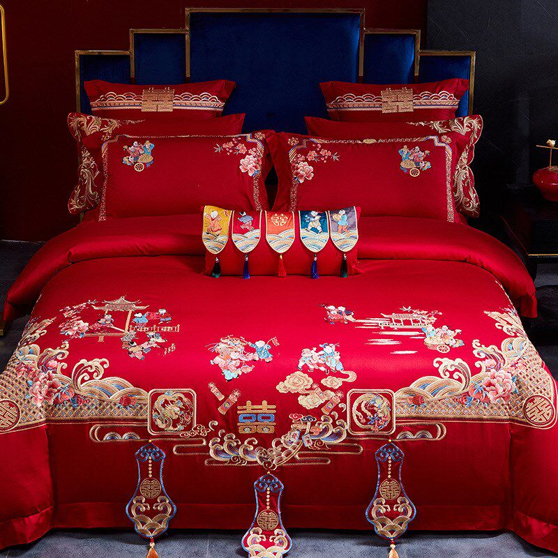 大红婚嫁结婚六件套百子图四件套120支婚庆床上用品婚礼床单红色