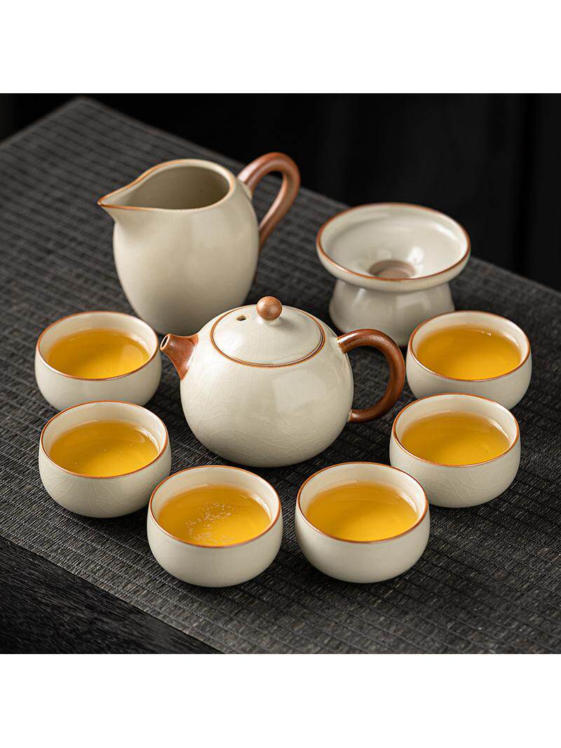米黄汝窑功夫茶具套装高端中式陶瓷茶壶茶杯冰裂开片可养家用汝瓷