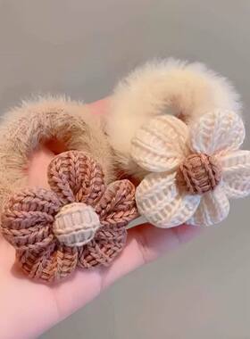 奶咖色发圈秋冬新款毛绒毛线发绳头绳扎头发橡皮筋花朵毛毛皮套女