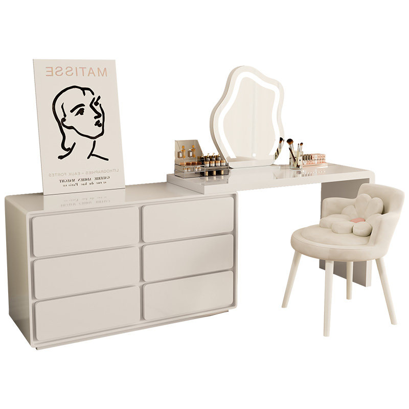 全实木烤漆化妆桌白色奶油风斗柜化妆台现代简约小户型伸缩化妆台