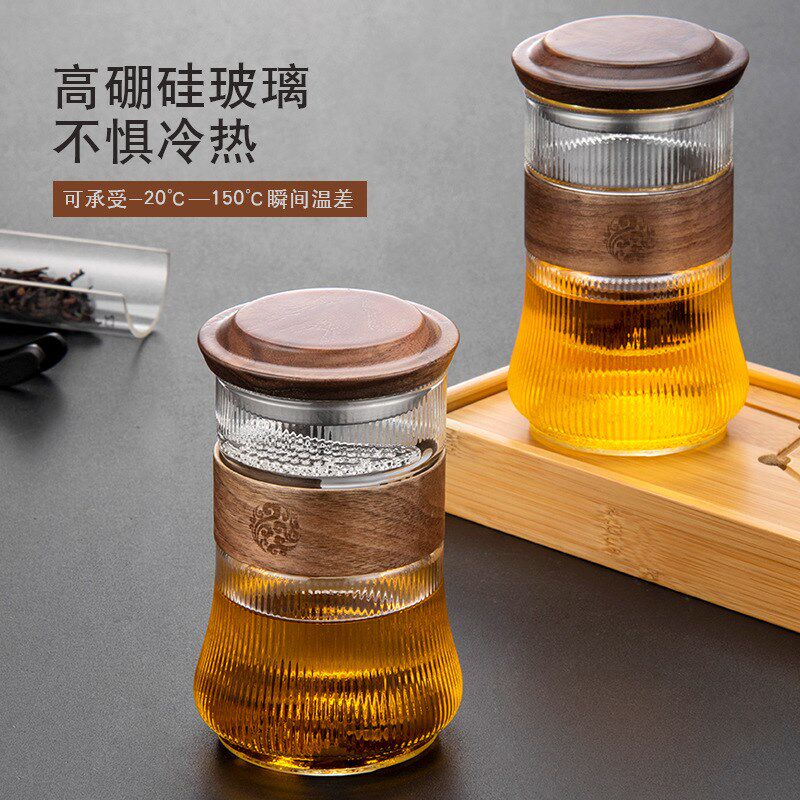 日式月牙杯高硼硅玻璃耐高温喝茶水杯办公室家用过滤带盖泡茶杯子