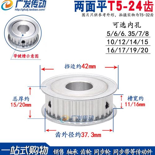 T5-24齿/T 两面平同步轮 T524齿 同步皮带轮 AF型 内孔6-20可选