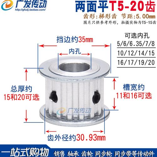 T5-20齿/T 两面平同步轮 T520同步皮带轮 AF型 槽宽11/16内孔5-20