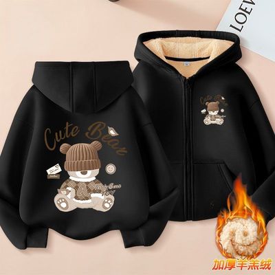 NASA2025冬季新款男童连帽外套加绒加厚卫衣中大童羊羔绒舒适开衫