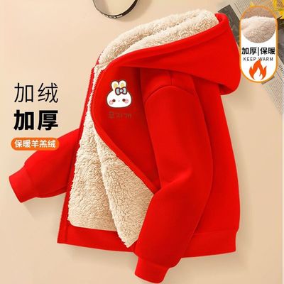 NASA儿童加绒外套冬季25新款冬装女童羊羔绒开衫加厚保暖连帽卫衣