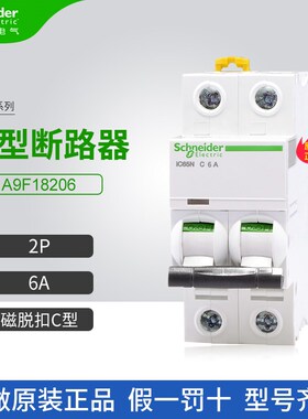 施耐德A9小型断路器A9F18206空气开关2P 6A家用微断C型iC65N