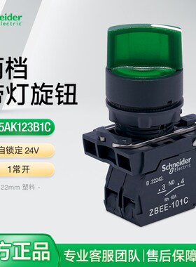 施耐德带灯旋钮开关两档自锁定XB5AK123B1C 24V选择开关绿色LED灯