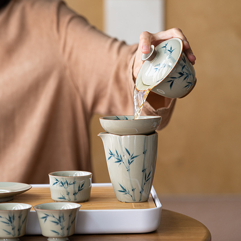 画续草木灰手绘竹子盖碗功夫茶具套装家用客厅喝茶杯带茶盘整套