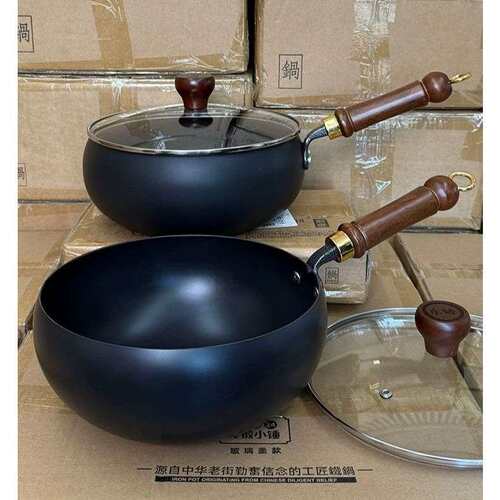 章丘大铁锅家用不粘锅单涂层大肚锅28cm锻打炒锅铁锅平底锅带盖子