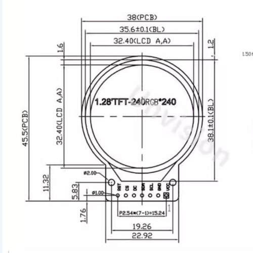 1.28寸圆形彩色TFT显示屏高清IPS 模块240X240 SPI接口GC9A01驱动
