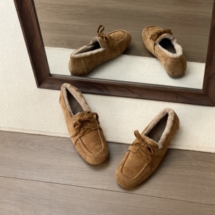 HUSSLOVE 头层猪皮·跟高1CM·百搭休闲风经典加绒平底保暖豆豆鞋