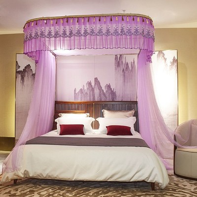 GJU8导轨蚊帐家用支架固定方便拆洗三开门宫廷落地u型轨道公