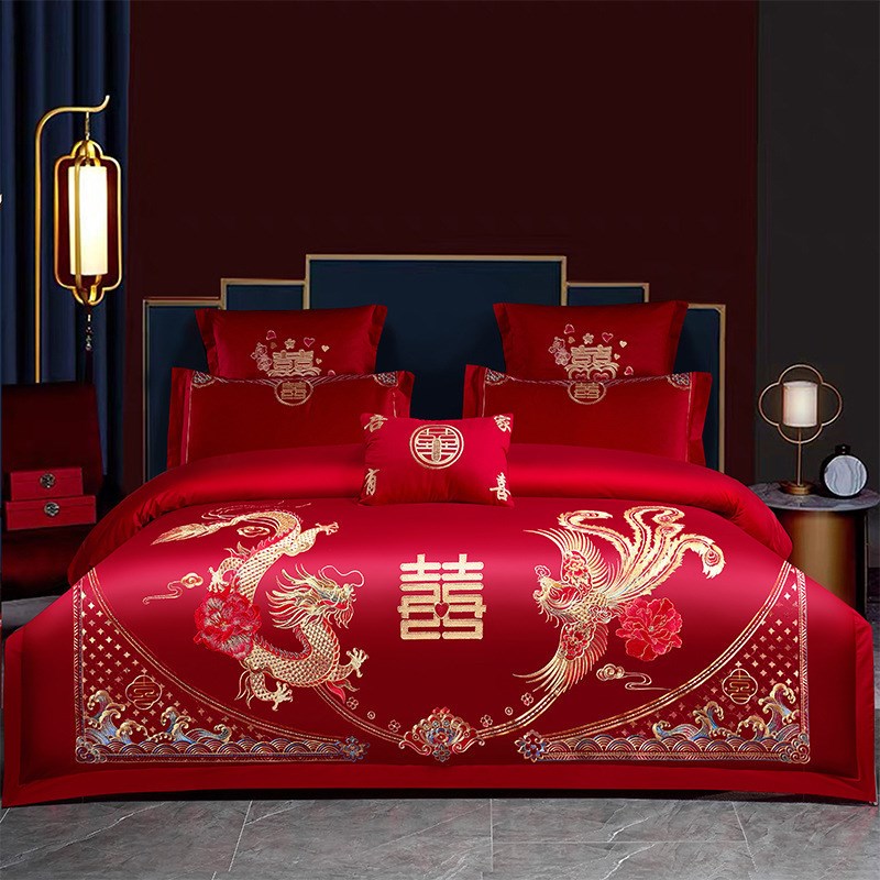 高档奢华中式刺绣婚庆四件套大红色床单被套结婚床上用品厂家