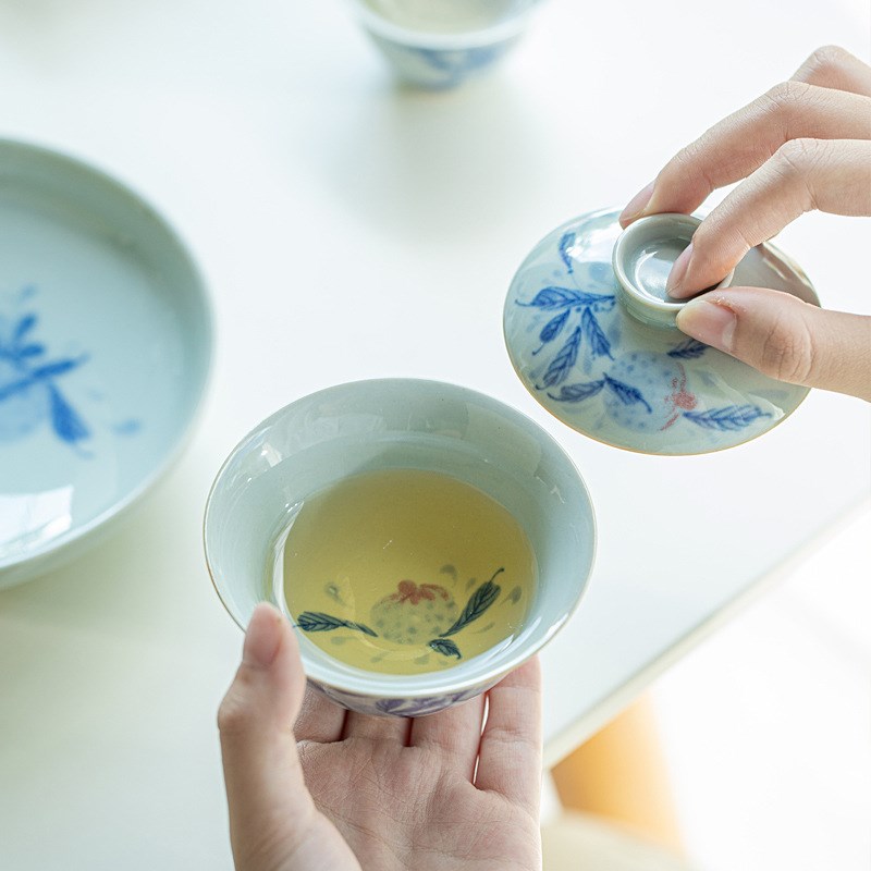 泥人述 仿古青花石榴三才盖碗 釉下彩复古茶碗家用陶瓷茶具泡茶碗