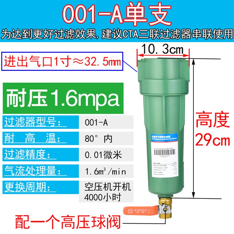 16kg高压1.6立方空压机压缩空气精密过滤器001CTAH气泵油水分离器