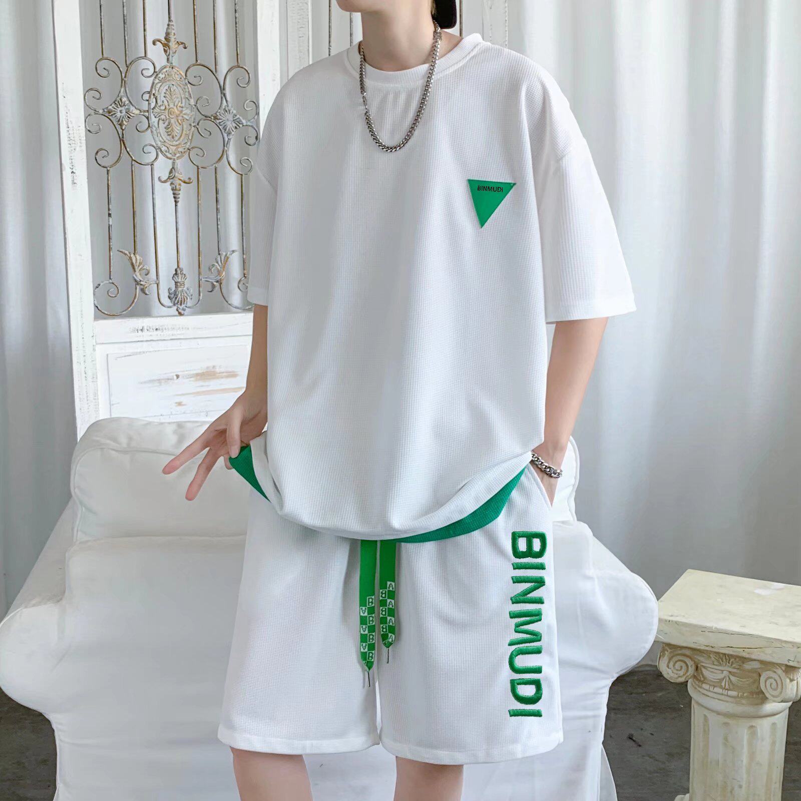 华夫格休闲套装男士夏季短袖t恤男装一套搭配帅气潮牌运动上衣服