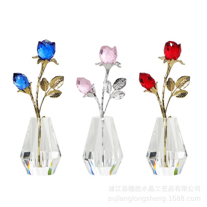 水晶工艺品家居桌面摆件一花一蕾大红玫瑰花金色杆母情节馈赠礼品